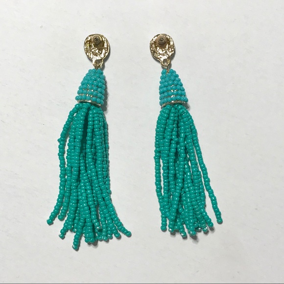 GE28 | Long Green Tassel Dangle Beads Earrings - Picture 4 of 5